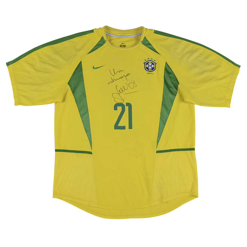 Camisa Nike Brasil I Copa 2002 autografada Luizão